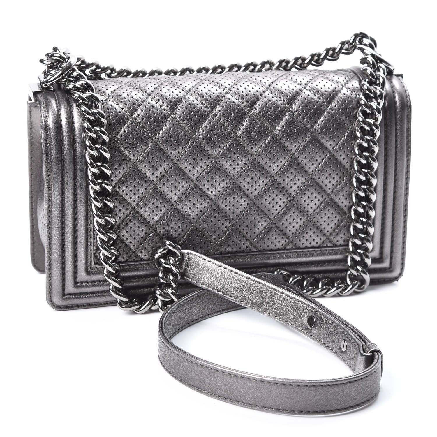 Chanel Metallic Lambskin Perforated Medium Boy Flap Dark Silver 2 of 9