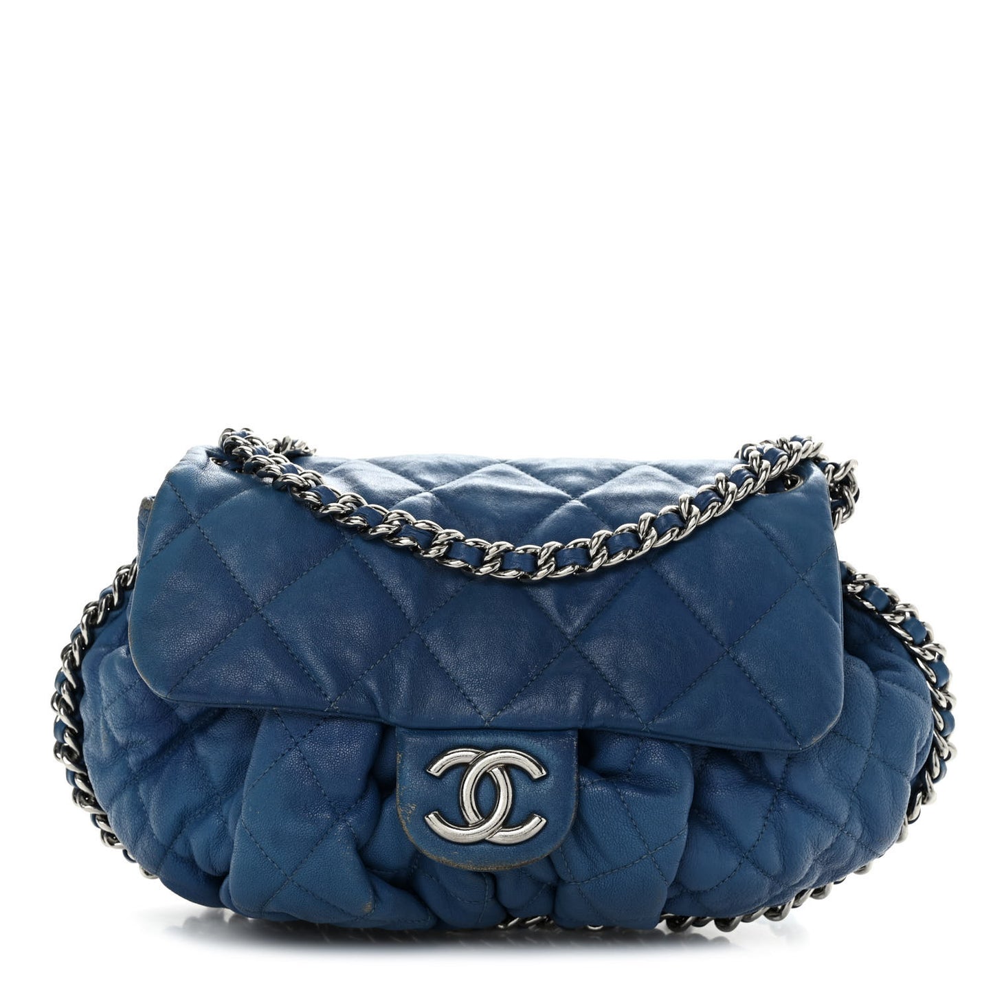 Washed Lambskin Quilted Medium Chain Around Messenger Blue