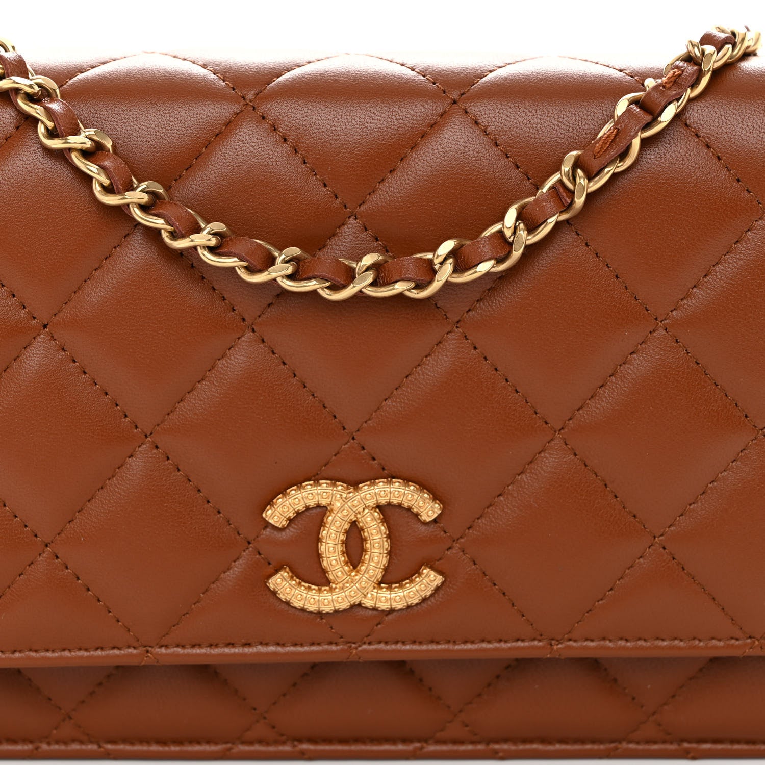 Chanel Lambskin Quilted Studded CC Wallet On Chain WOC Light Brown 9 of 12