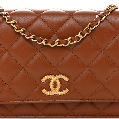 Chanel Lambskin Quilted Studded CC Wallet On Chain WOC Light Brown 9 of 12