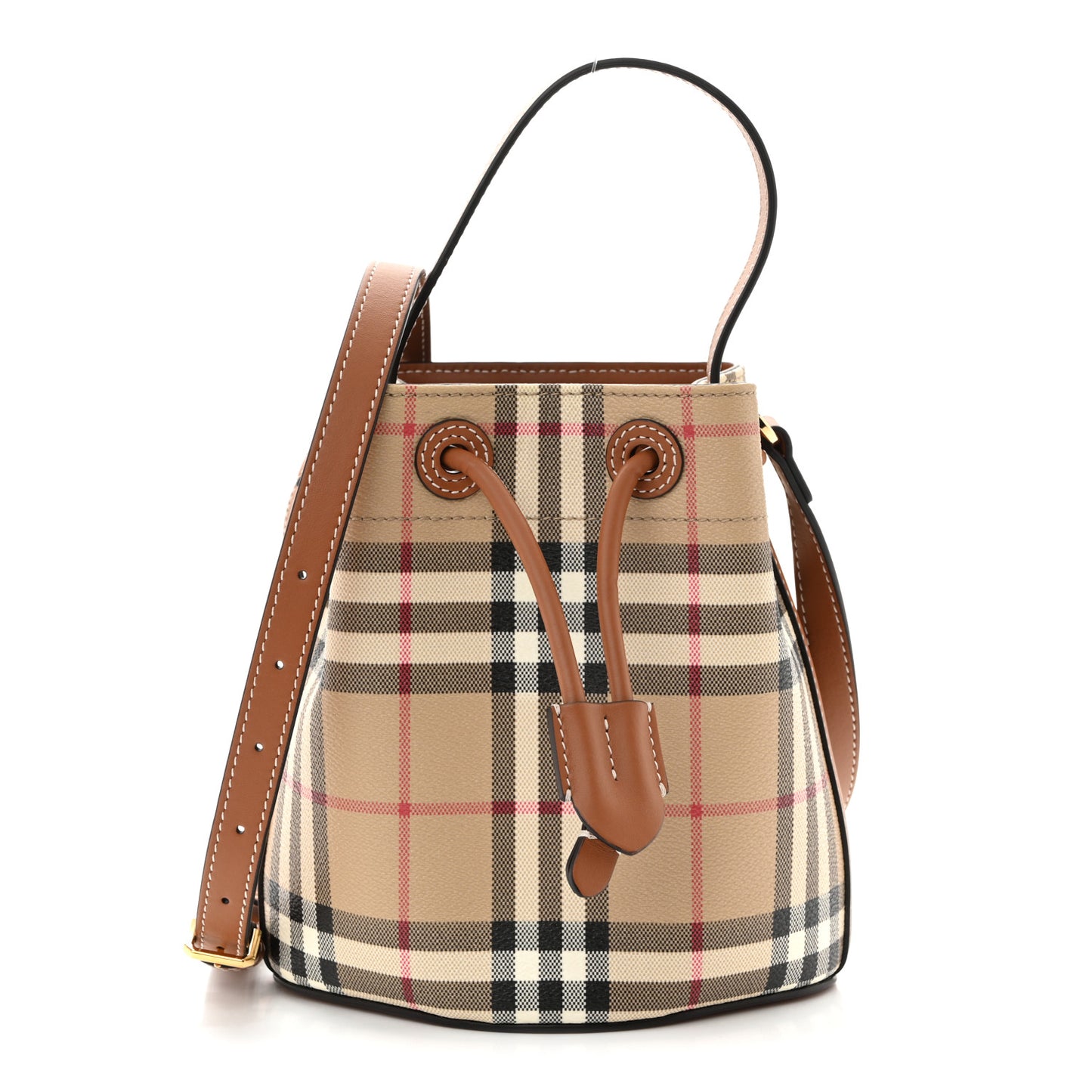 E-Canvas Vintage Check Mini Drawstring Bucket Bag Briar Brown