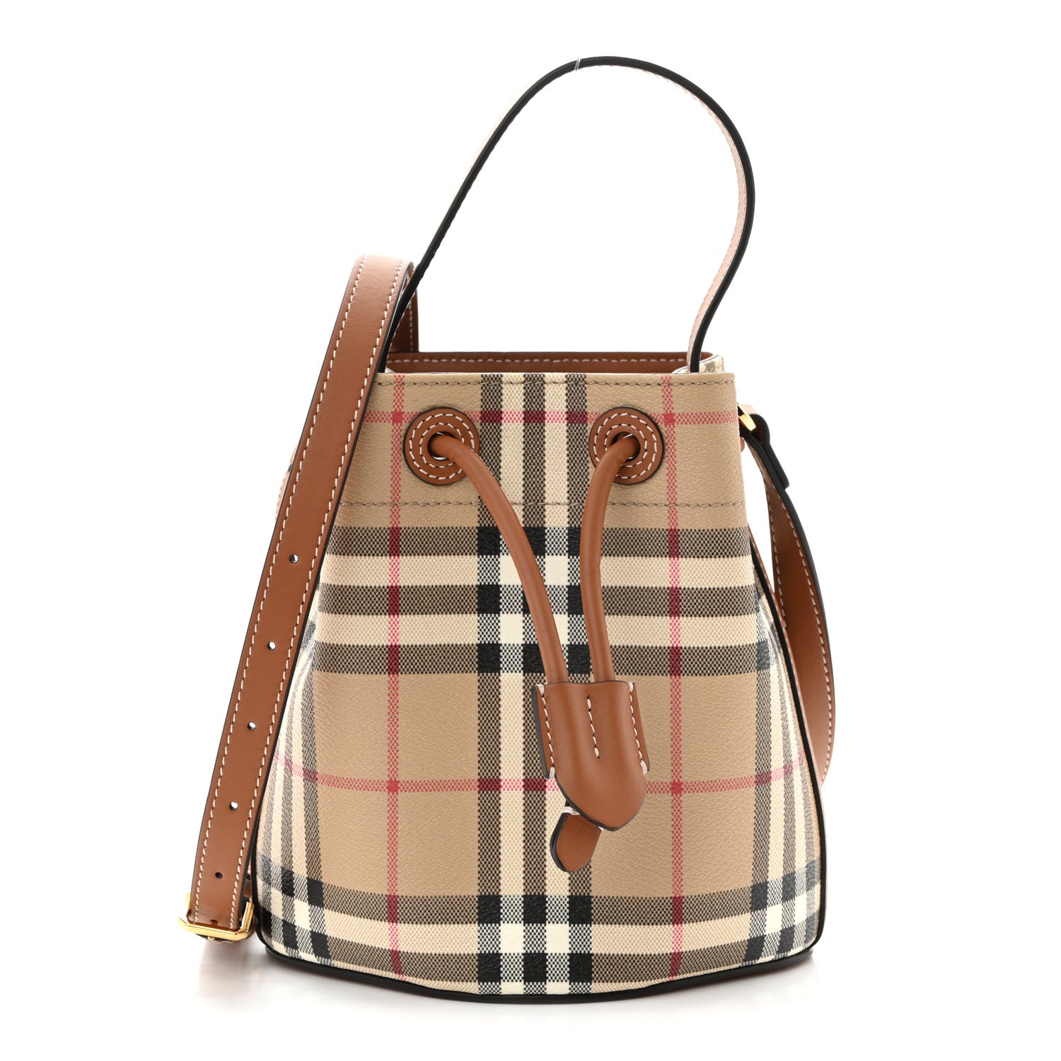 Burberry E-Canvas Vintage Check Mini Drawstring Bucket Bag Briar Brown 1 of 10
