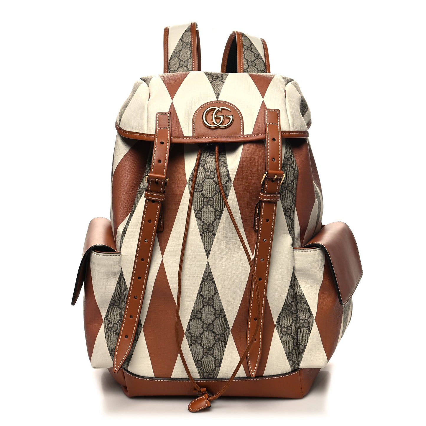 GG Supreme Monogram Calfskin Rhombus Print Medium Ophidia Double Buckle Backpack Beige Ebony Mystic White Hazel Brown