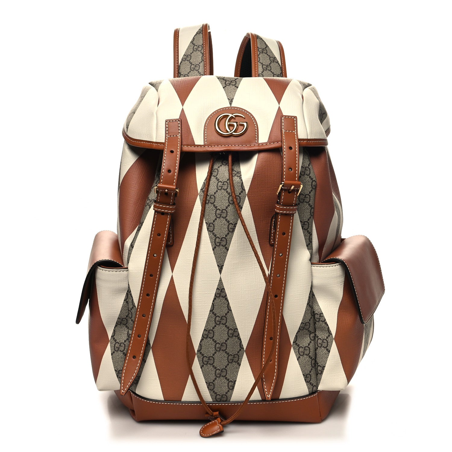 Gucci GG Supreme Monogram Calfskin Rhombus Print Medium Ophidia Double Buckle Backpack Beige Ebony Mystic White Hazel Brown 1 of 10