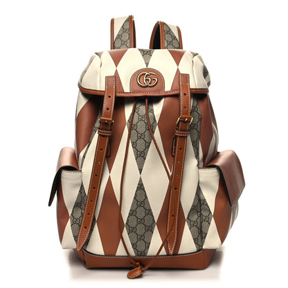 Gucci GG Supreme Monogram Calfskin Rhombus Print Medium Ophidia Double Buckle Backpack Beige Ebony Mystic White Hazel Brown 1 of 10