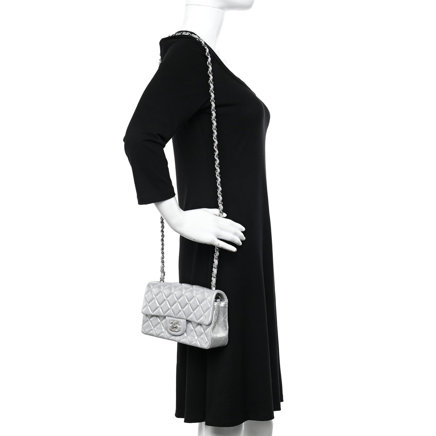 Metallic Lambskin Quilted Mini Rectangular Flap Silver