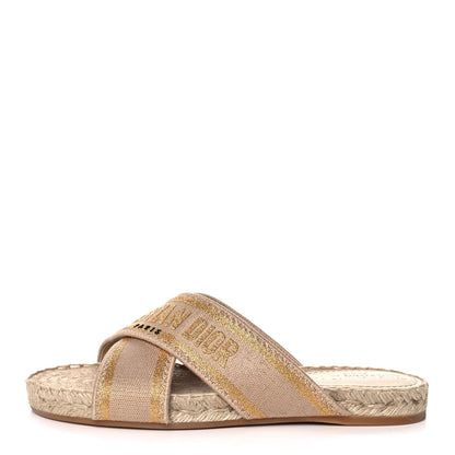 Christian Dior Canvas Embroidered Granville Espadrille Crisscross Flat Slide Sandals 36 Gold 1 of 9