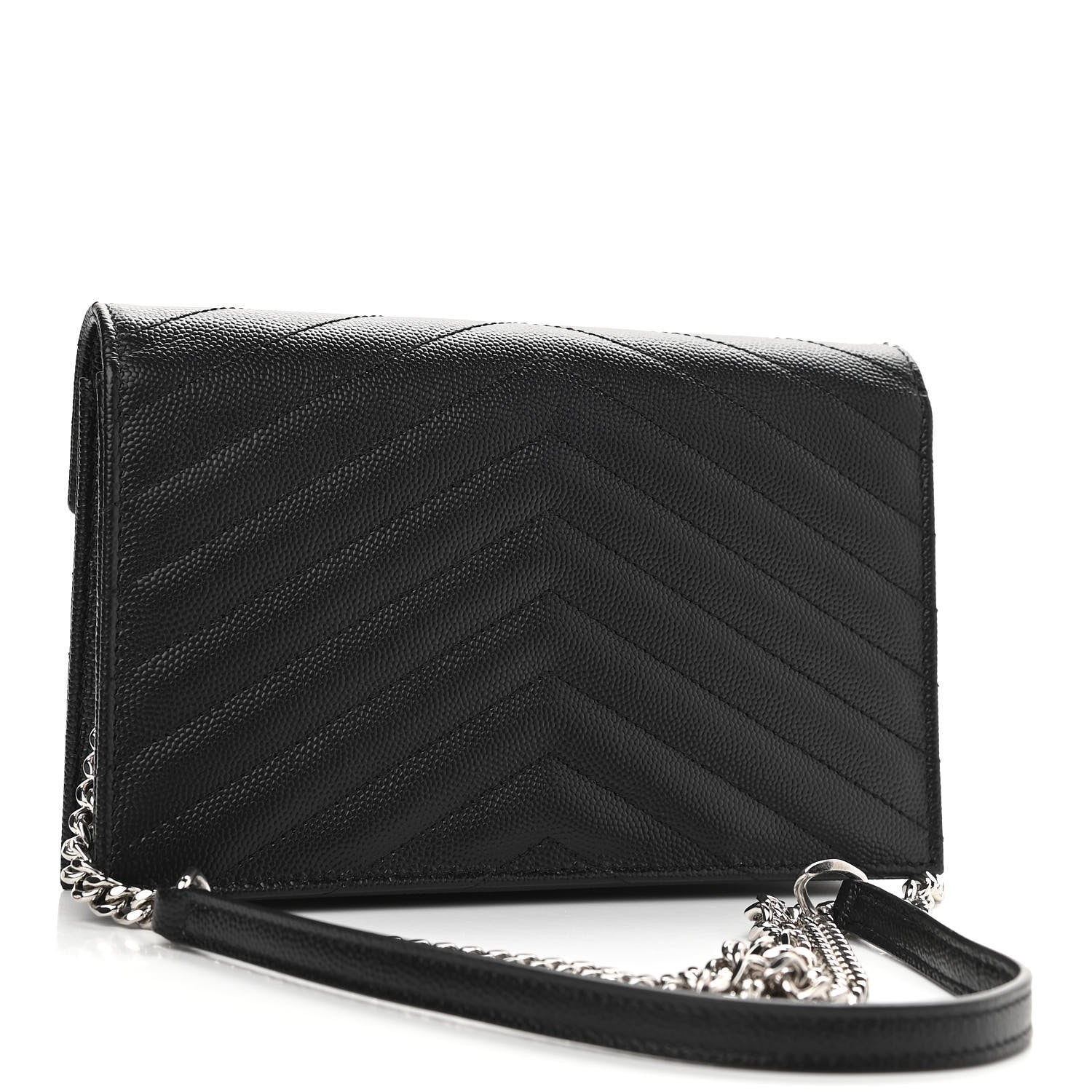 Saint Laurent Grain De Poudre Matelasse Chevron Monogram Envelope Chain Wallet Black 3 of 9