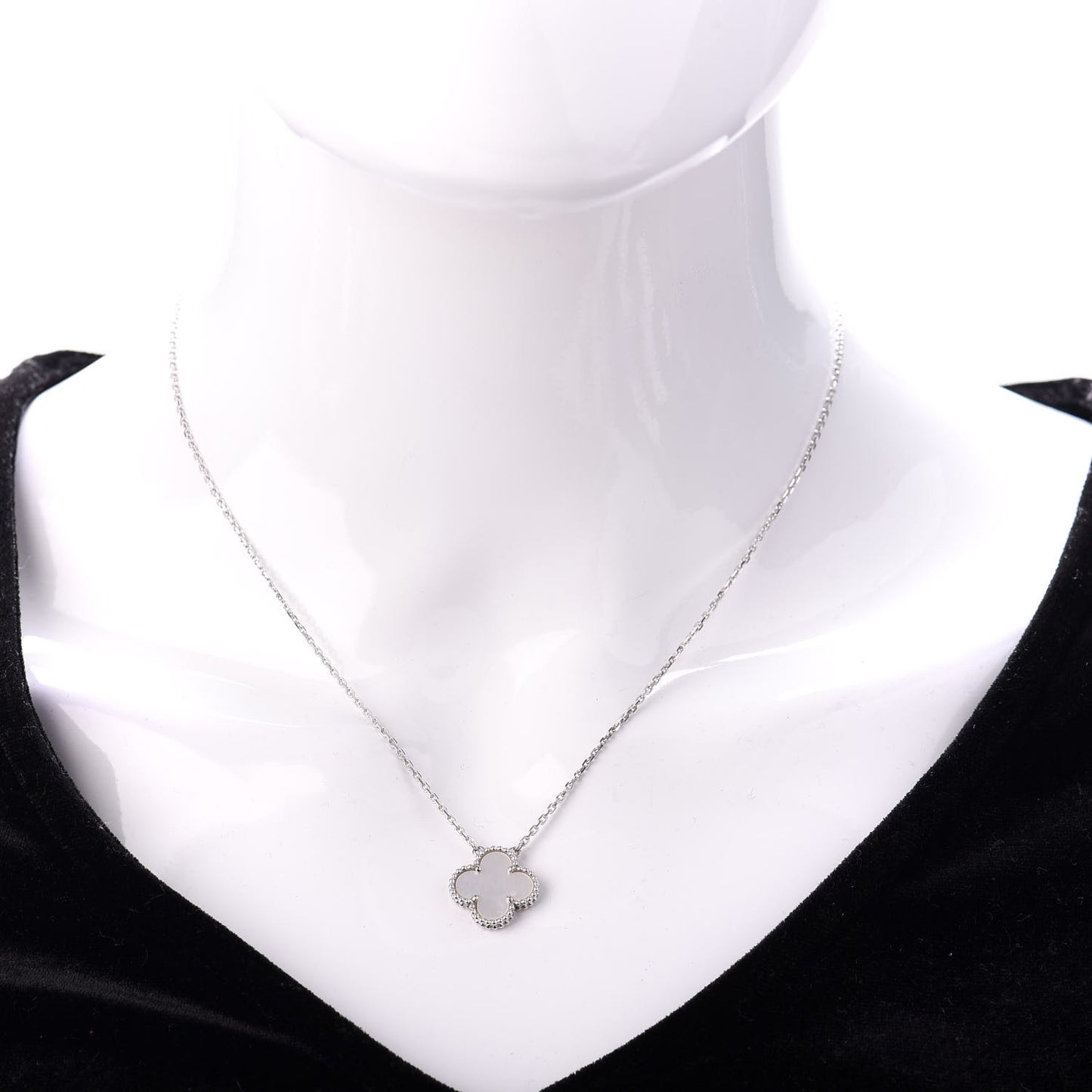 18K White Gold Mother of Pearl Vintage Alhambra Pendant Necklace