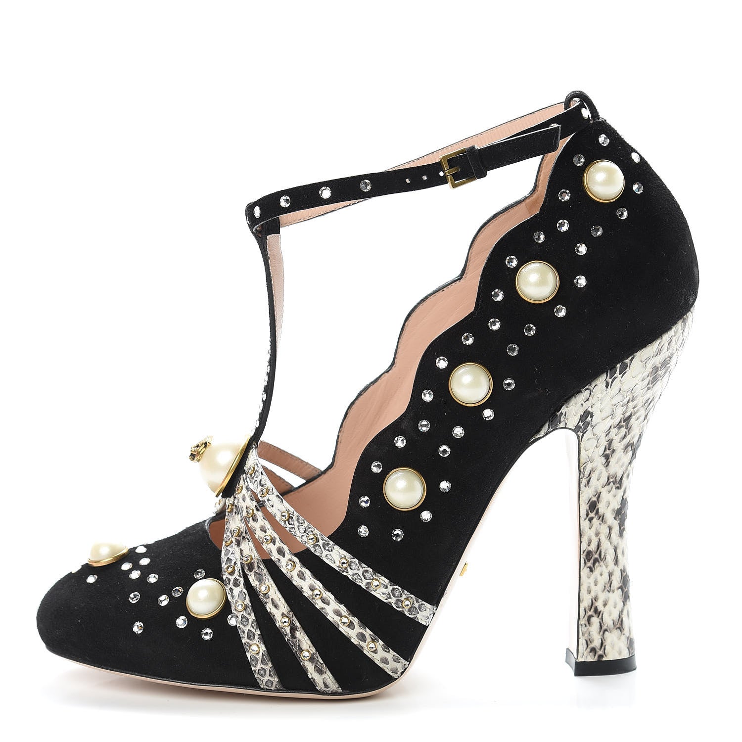 Gucci Suede Snakeskin Pearl Studded Ofelia Pumps 41.5 Black 1 of 12