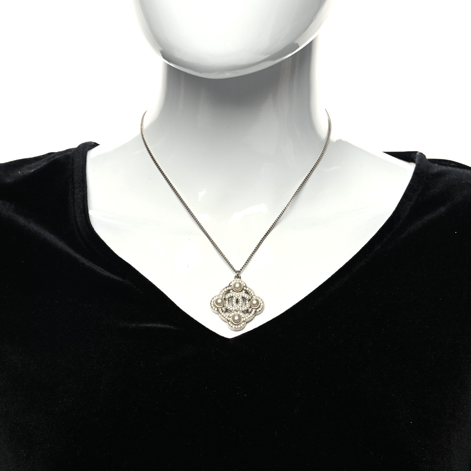Chanel Pearl Crystal CC Pendant Necklace Silver 2 of 5