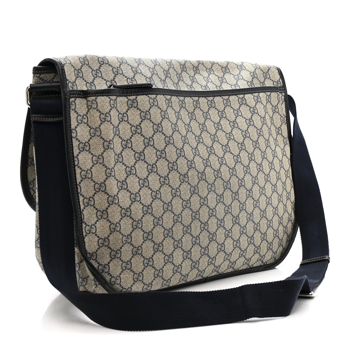 GG Plus Monogram Large Double Buckle Flap Messenger Bag Beige Navy