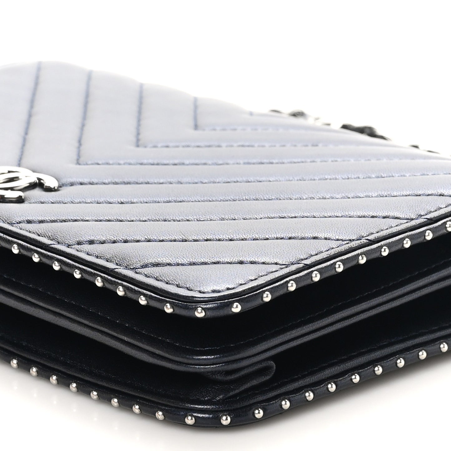 Lambskin Chevron Quilted Studded Wallet On Chain WOC Navy