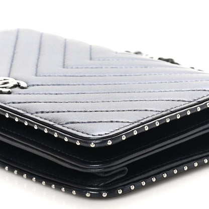 Chanel Lambskin Chevron Quilted Studded Wallet On Chain WOC Navy 10 of 13