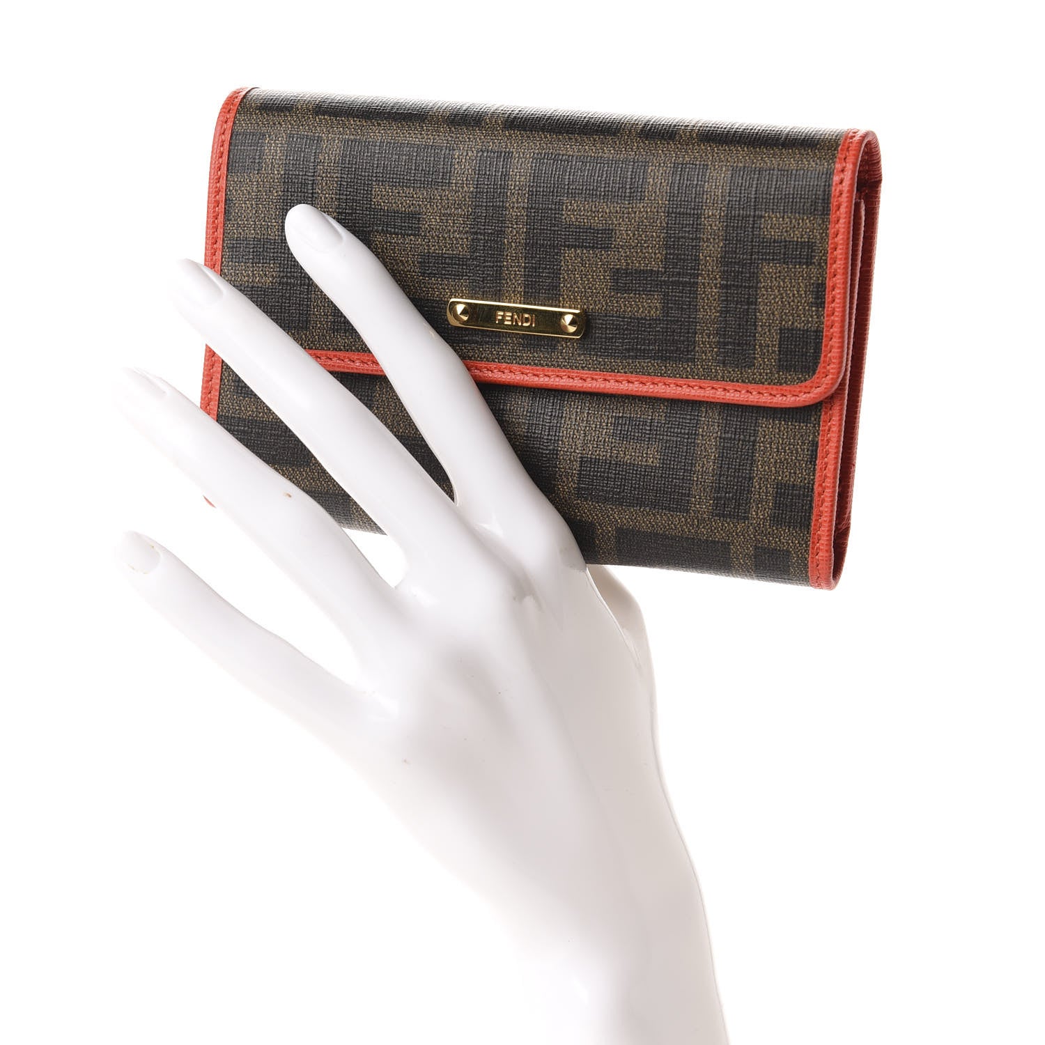 Fendi Zucca Spalmati Vitello Elite Tri-Fold Wallet Tobacco Papavero 2 of 9