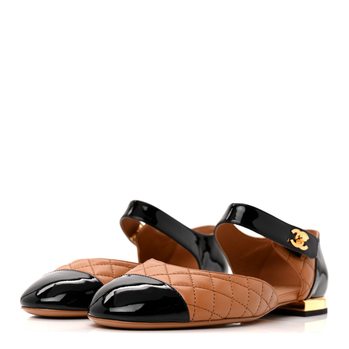 Patent Lambskin Quilted Cap Toe Ballerina Flats 38.5 Light Brown Black