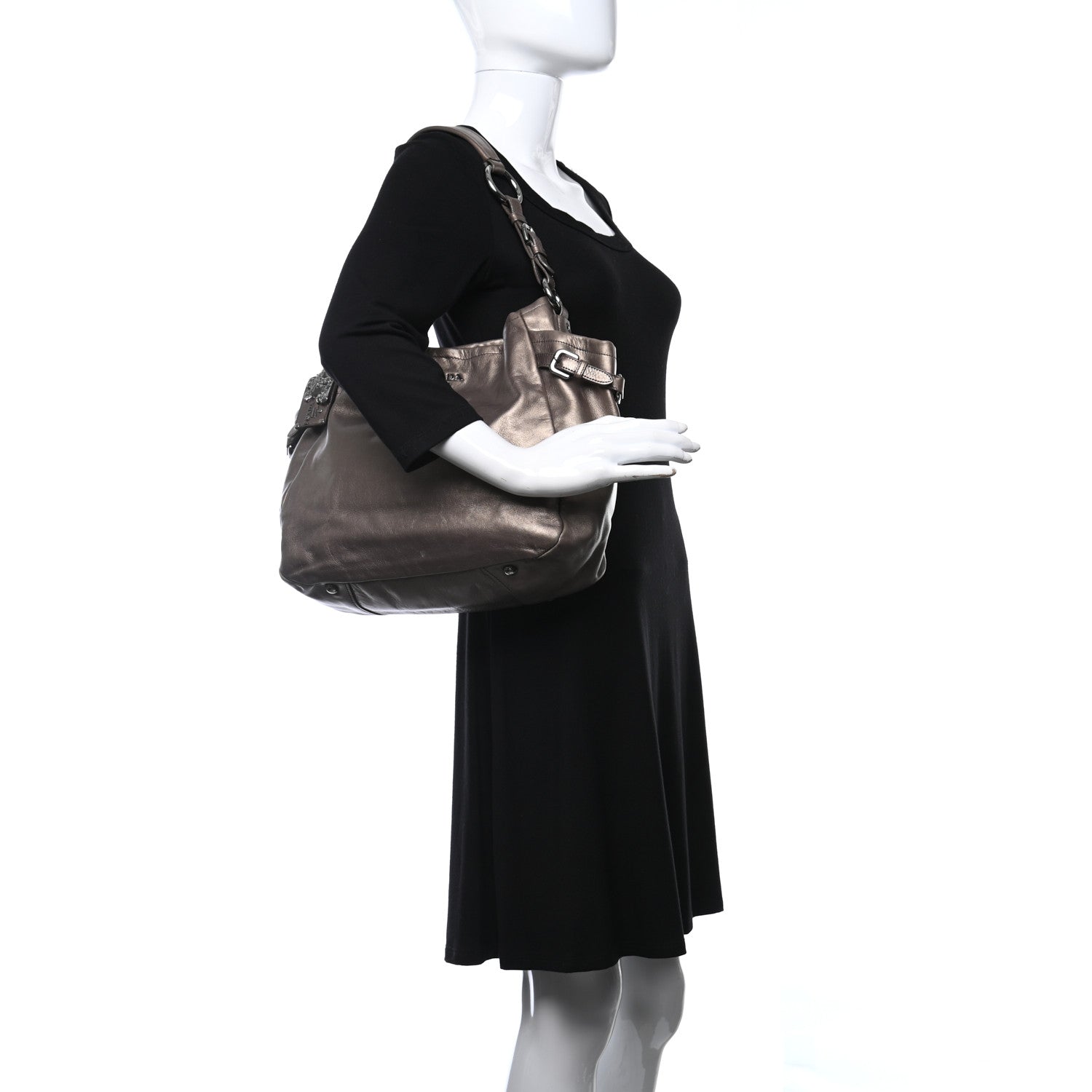 Prada Metallic Soft Calfskin Two Pocket Hobo Fumo Mordore 2 of 18