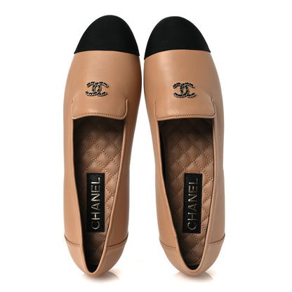 Chanel Lambskin Grosgrain Cap Toe CC Moccasin Loafers 41 Beige Black 2 of 10