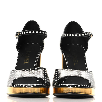 Chanel Printed Calfskin Polka Dot CC Platform Sandals 37 Black White 3 of 9