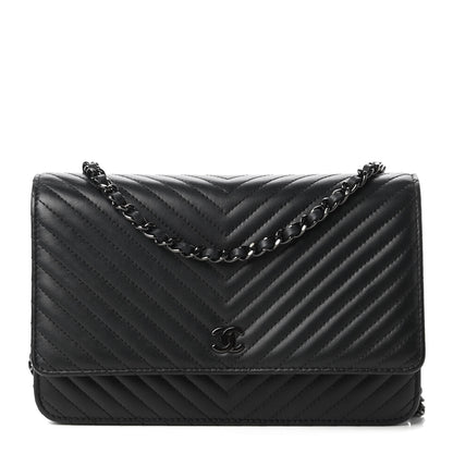 Chanel Lambskin Chevron Quilted Wallet On Chain WOC So Black 1 of 12