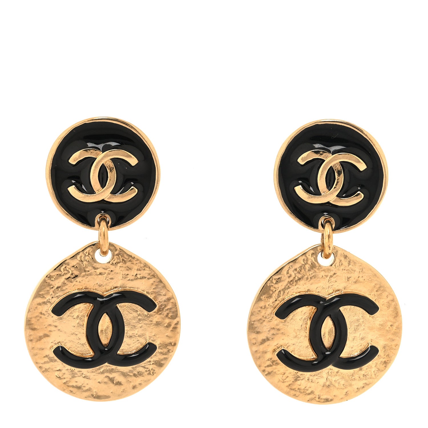 Chanel Enamel CC Disc Drop Earrings Gold Black 1 of 4