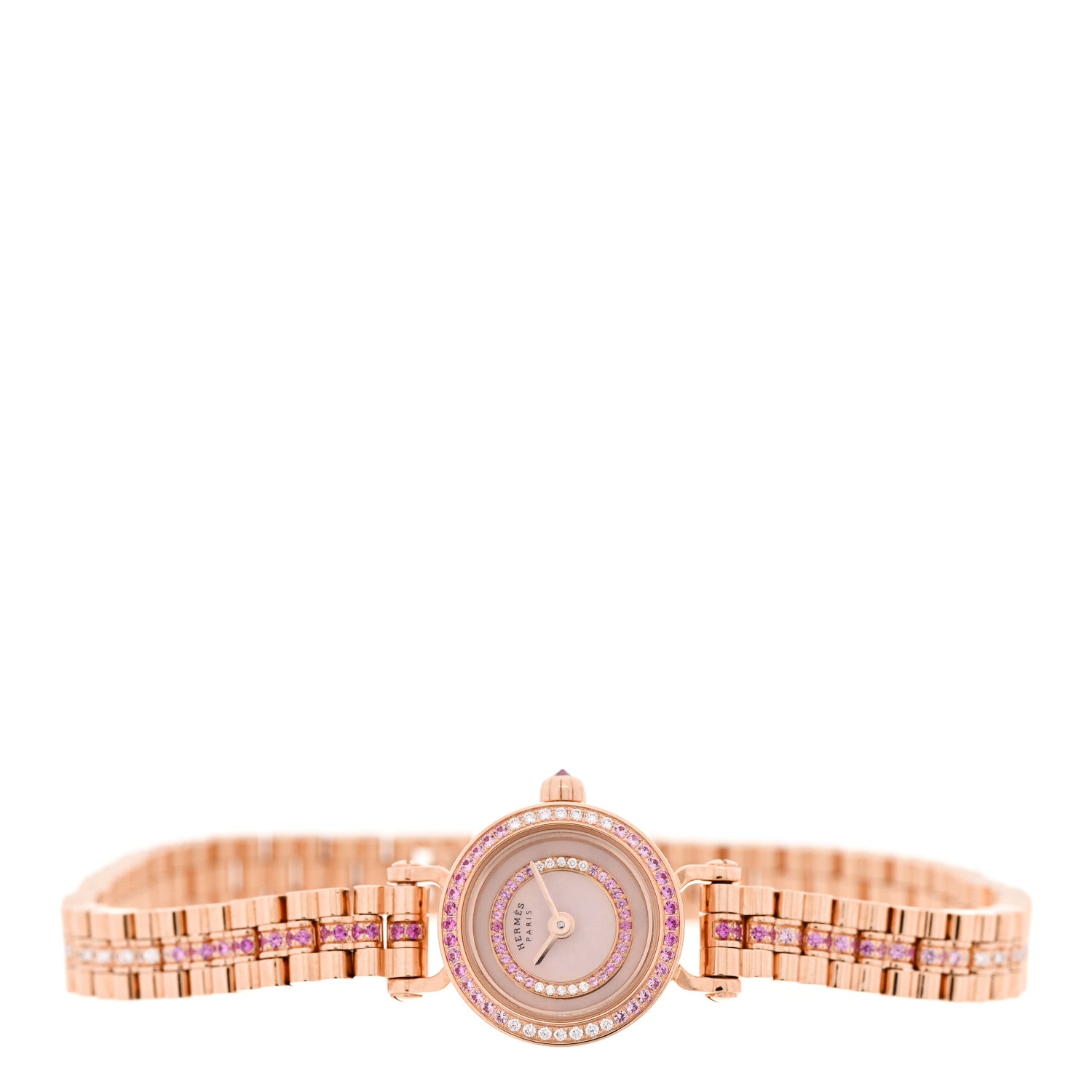 Hermes 18K Rose Gold Diamond Pink Sapphire 16mm Faubourg Quartz Watch 2 of 5