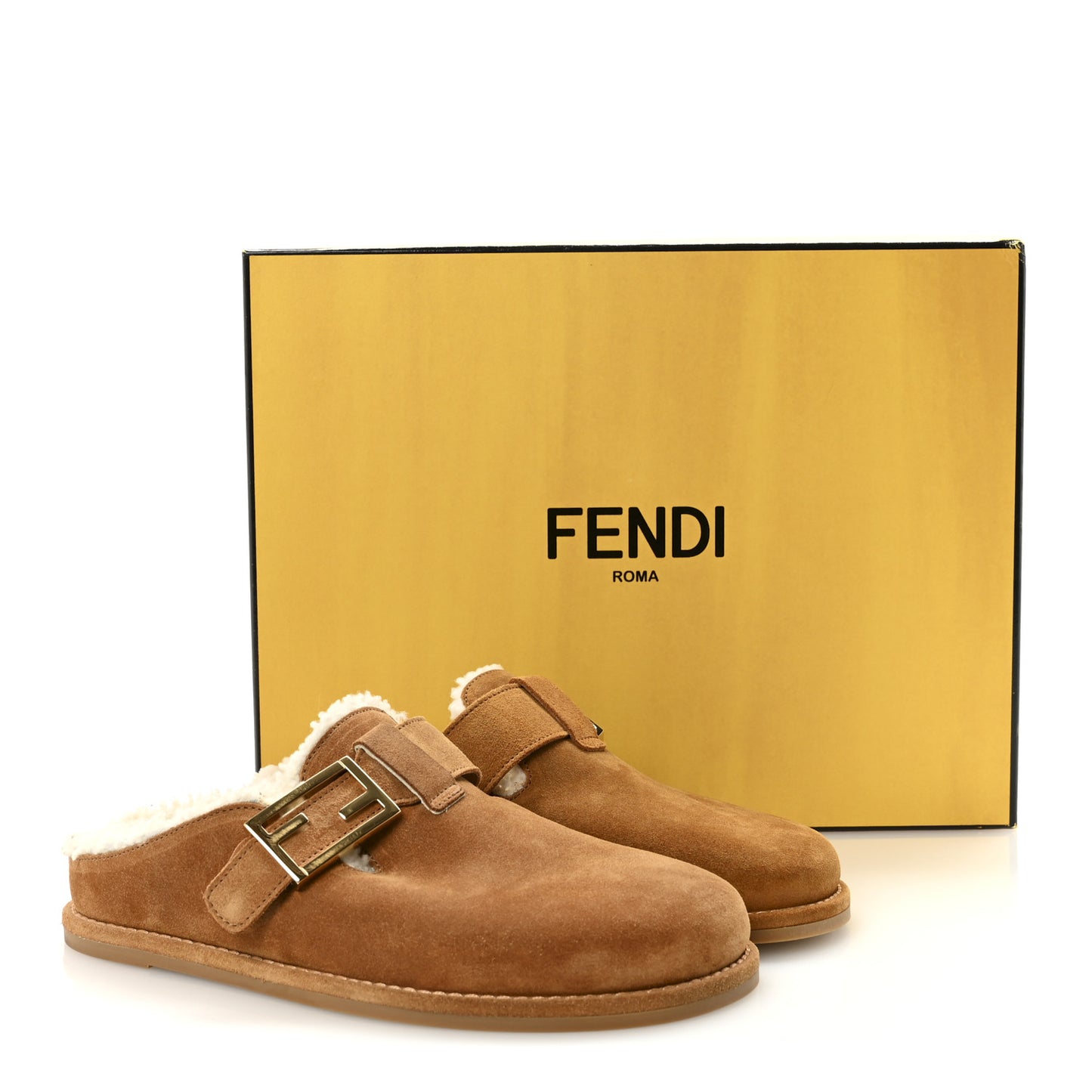 Suede Shearling Fendi Feel Buckled Clogs 37 Caramello Latte