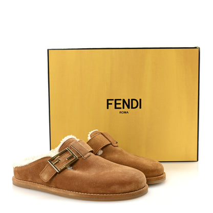 Fendi Suede Shearling Fendi Feel Buckled Clogs 37 Caramello Latte 9 of 9