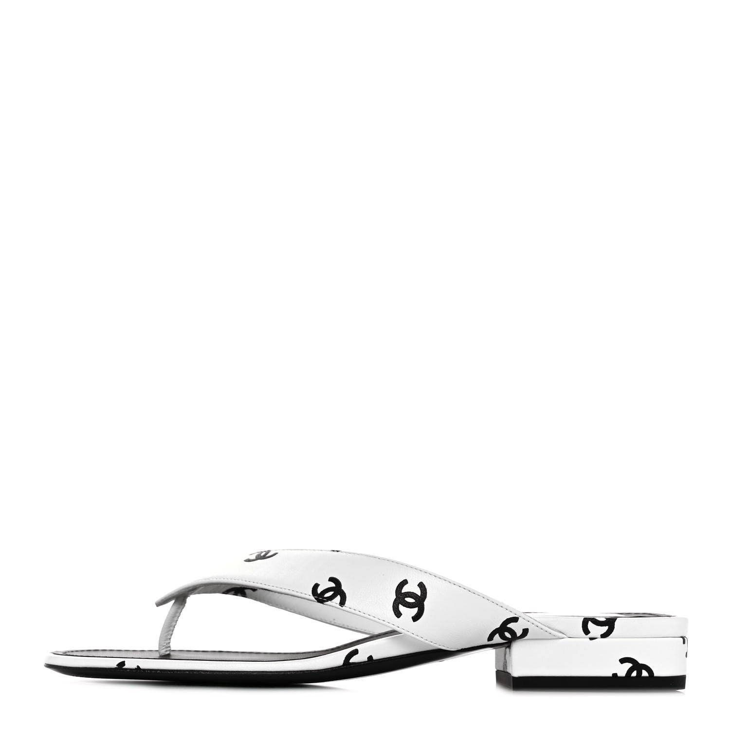 Chanel Lambskin Printed CC Thong Sandals 38 White Black 1 of 9