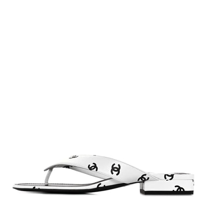 Chanel Lambskin Printed CC Thong Sandals 38 White Black 1 of 9