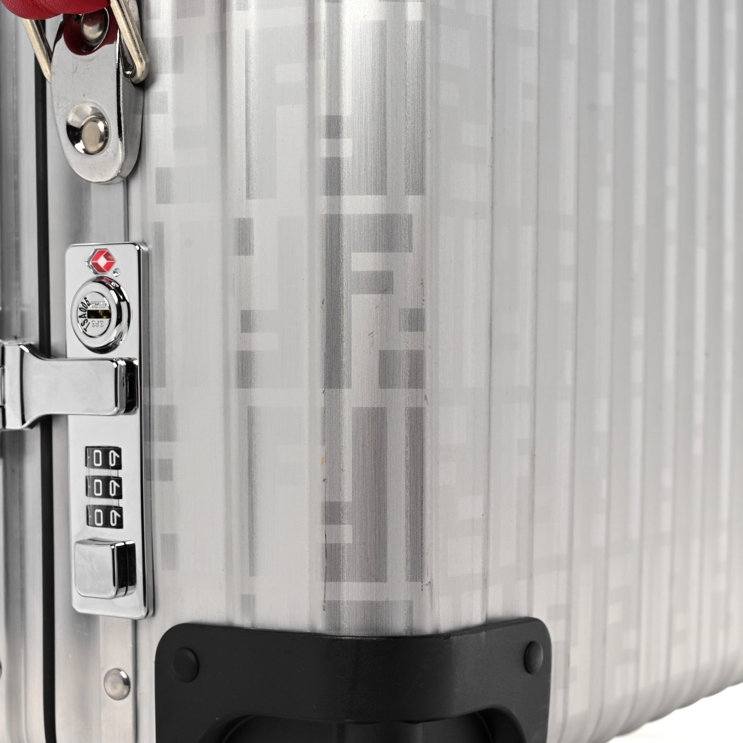 X RIMOWA Aluminum FF Print Roll Away Carry On Luggage Silver Red