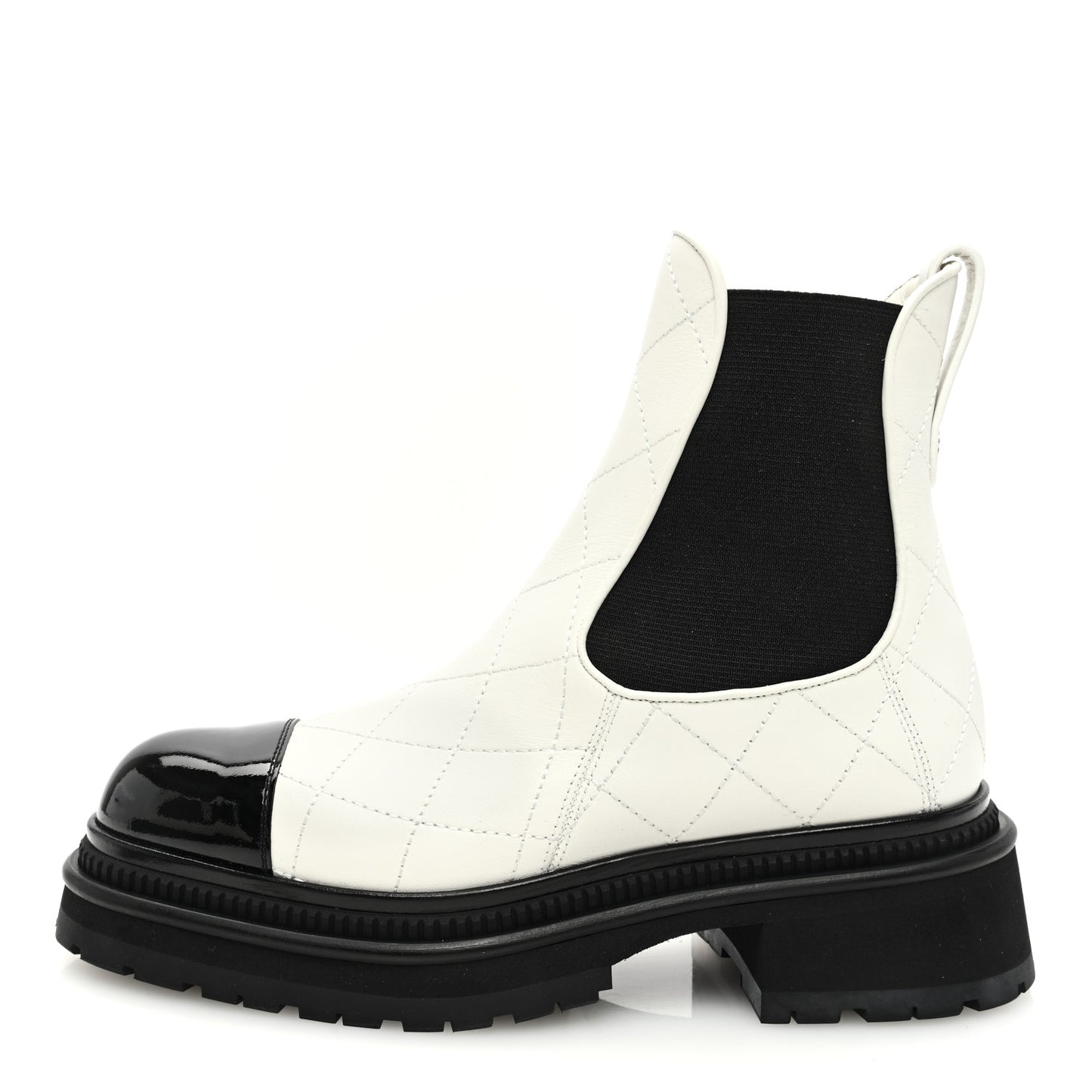Calfskin Patent Cap Toe Quilted Short Boots 36 White Black