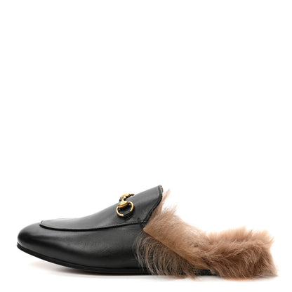 Gucci Calfskin Fur Womens Princetown Slippers 37.5 Black 1 of 7