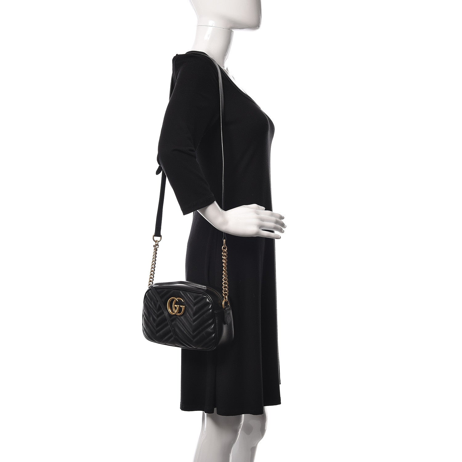 Gucci Calfskin Matelasse Small GG Marmont Chain Shoulder Bag Black 2 of 13