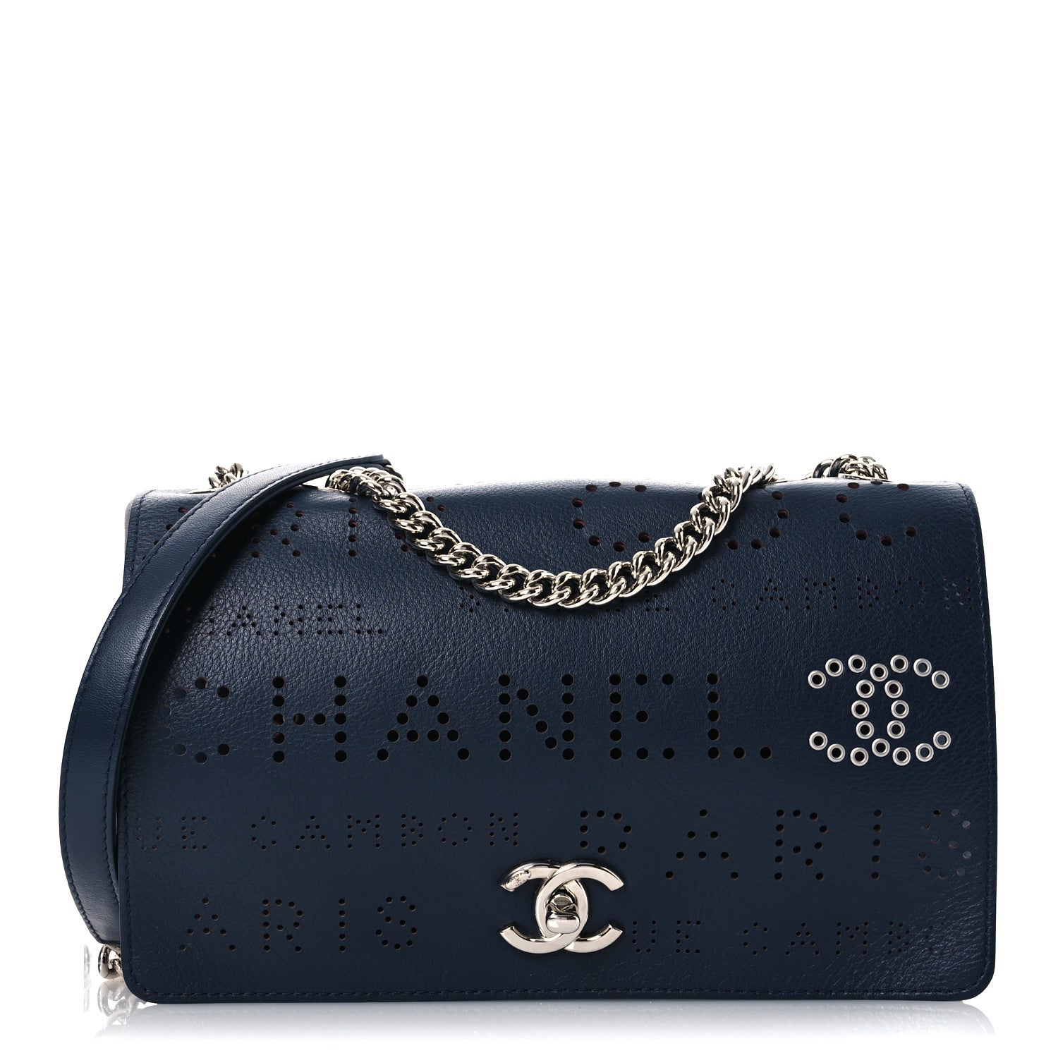 Chanel Calfskin Tweed Eyelet Flap Bag Navy 1 of 12