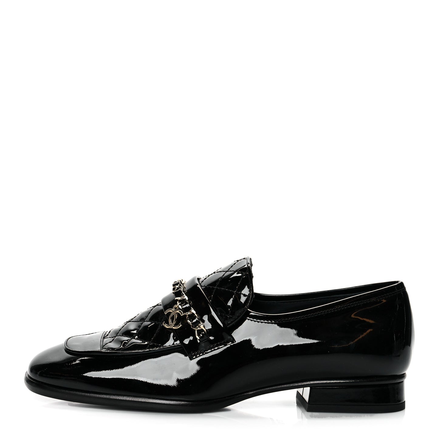 Patent Calfskin CC Chain Mocassin Loafers 37.5 Black