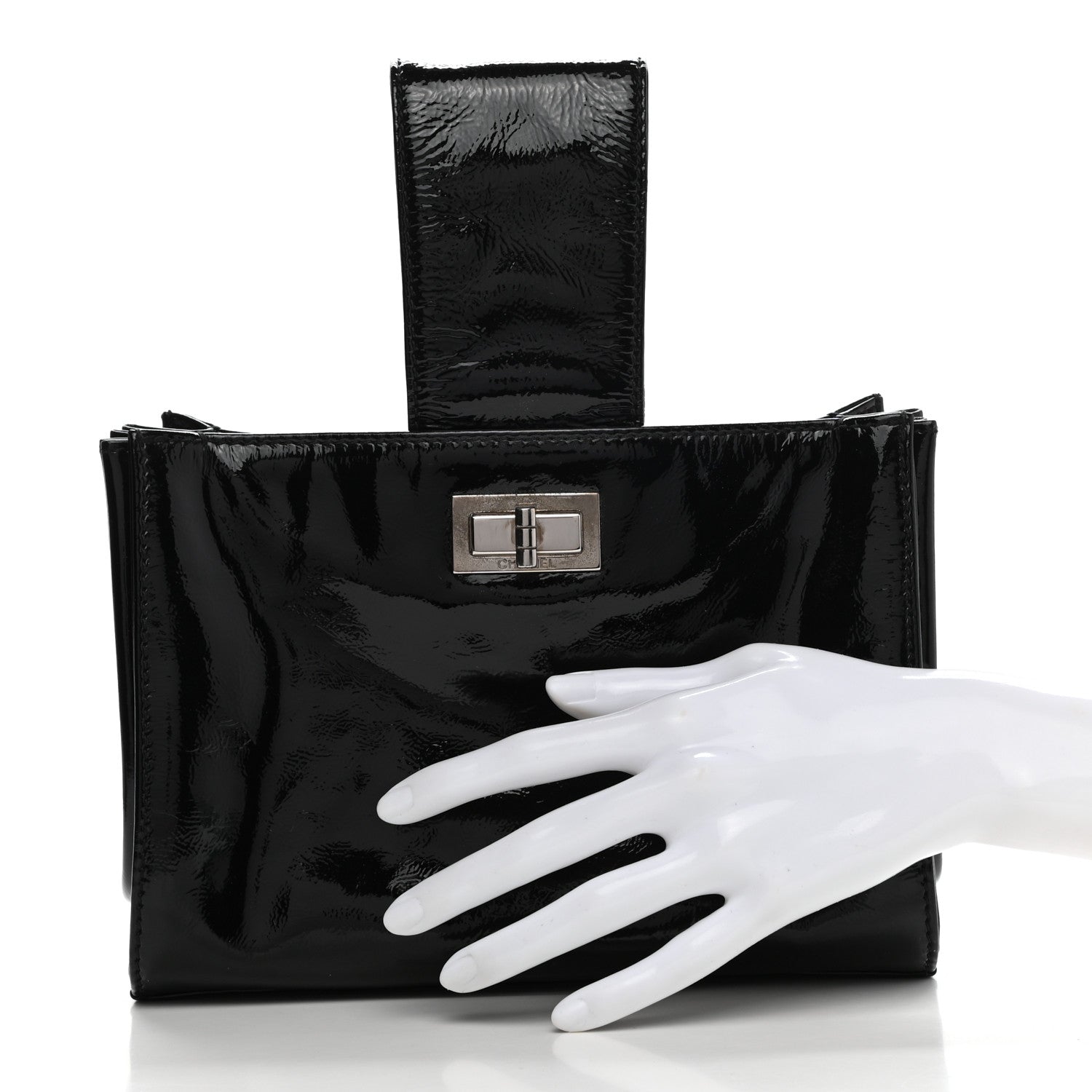 Chanel Patent Mademoiselle Lock Convertible Wrist Clutch Bag Black 2 of 8