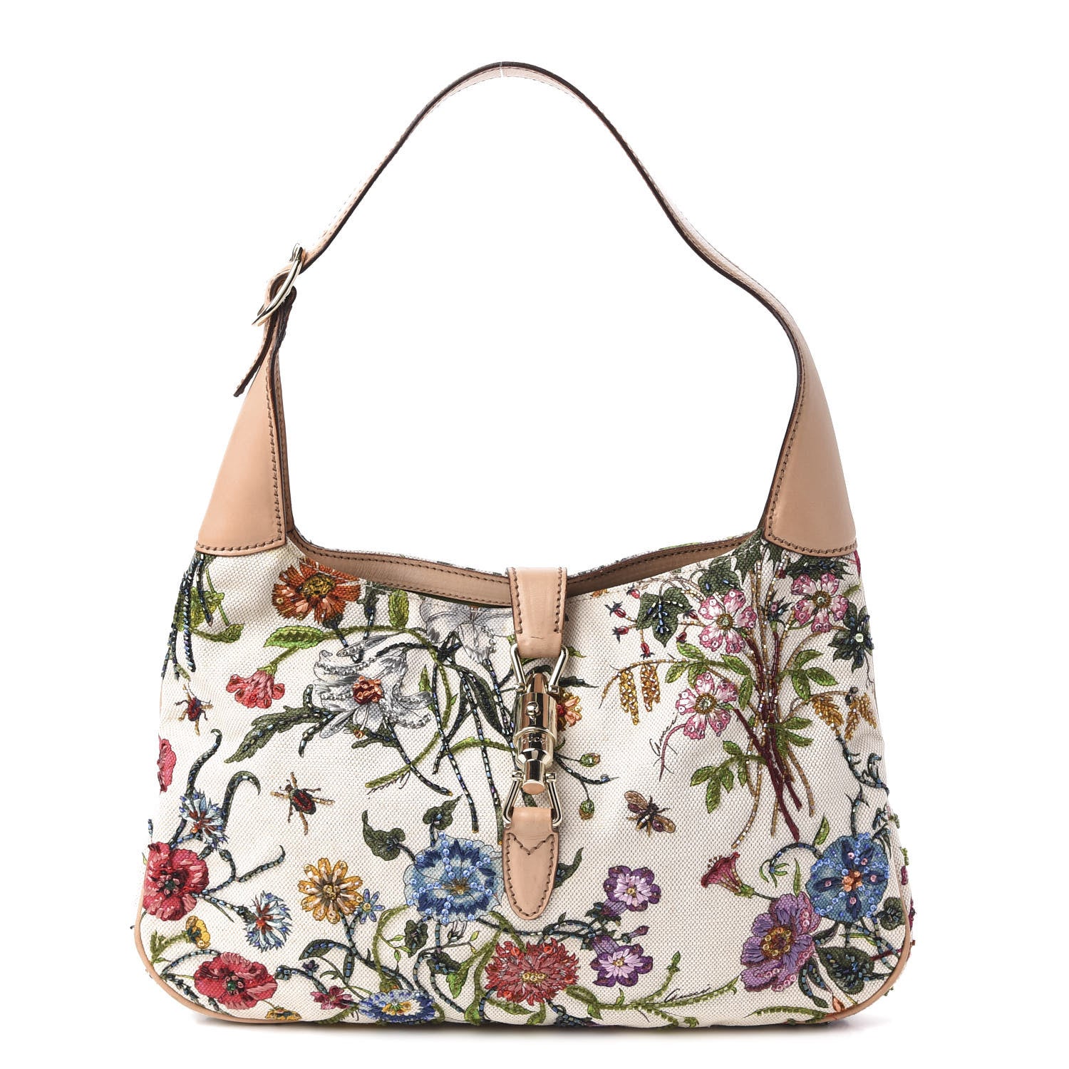 Gucci Canvas Beaded Floral Flora Small Jackie O Hobo White 1 of 11