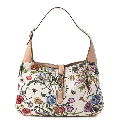 Gucci Canvas Beaded Floral Flora Small Jackie O Hobo White 1 of 11