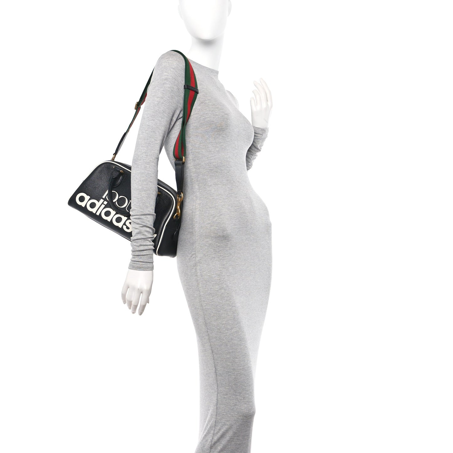 X ADIDAS Textured Dollar Calfskin Web Trefoil Logo Embossed Mini Bowling Bag Black Off White