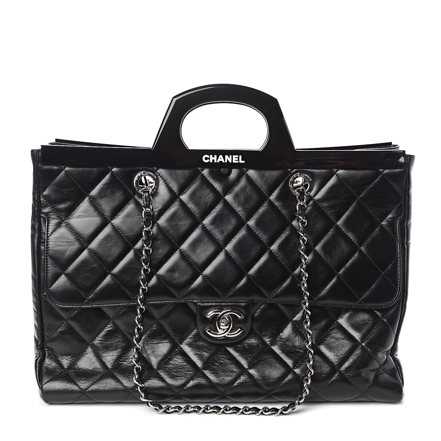Glazed Calfskin Quilted Large CC Delivery Tote Black