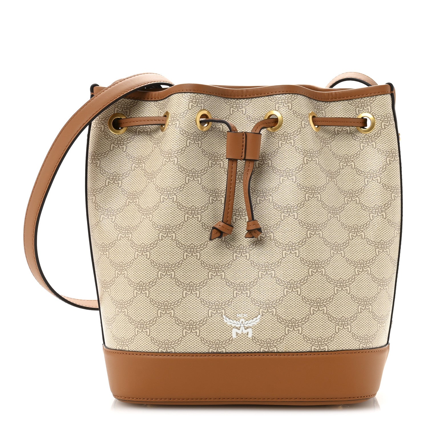 MCM Lauretos Spanish Calfskin Medium Himmel Drawstring Bucket Bag Oatmeal 1 of 10