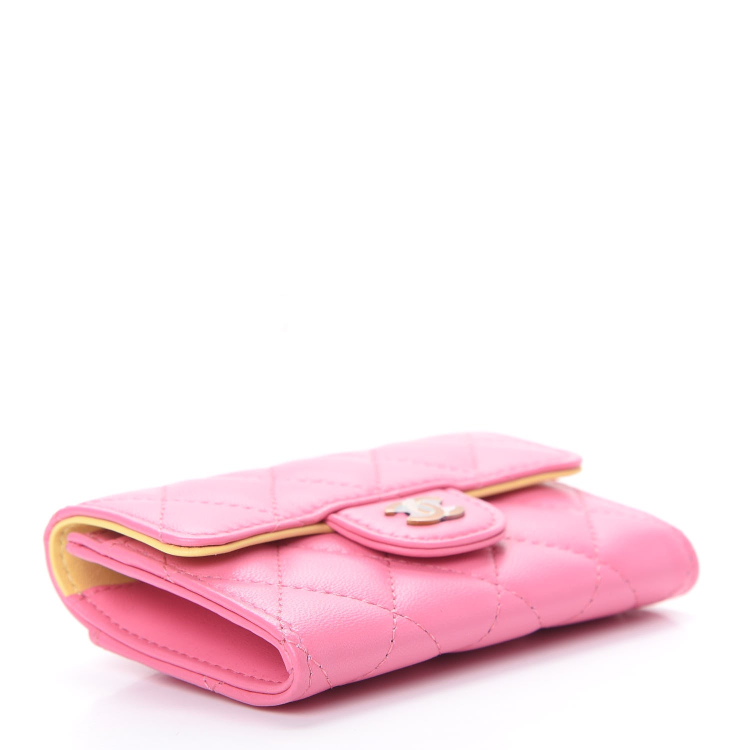 Chanel Lambskin Quilted Flap Card Holder Wallet Pink Yellow 4 of 9