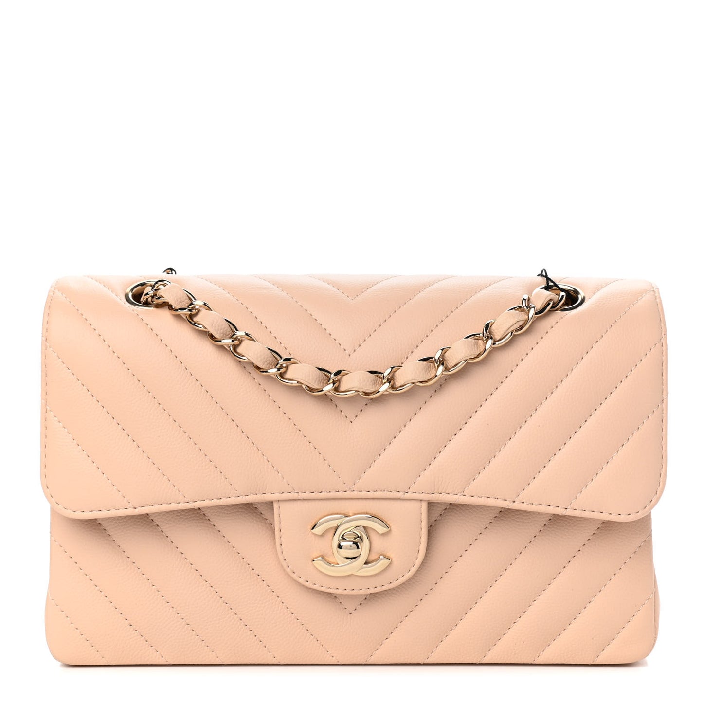 Caviar Chevron Quilted Small Double Flap Beige