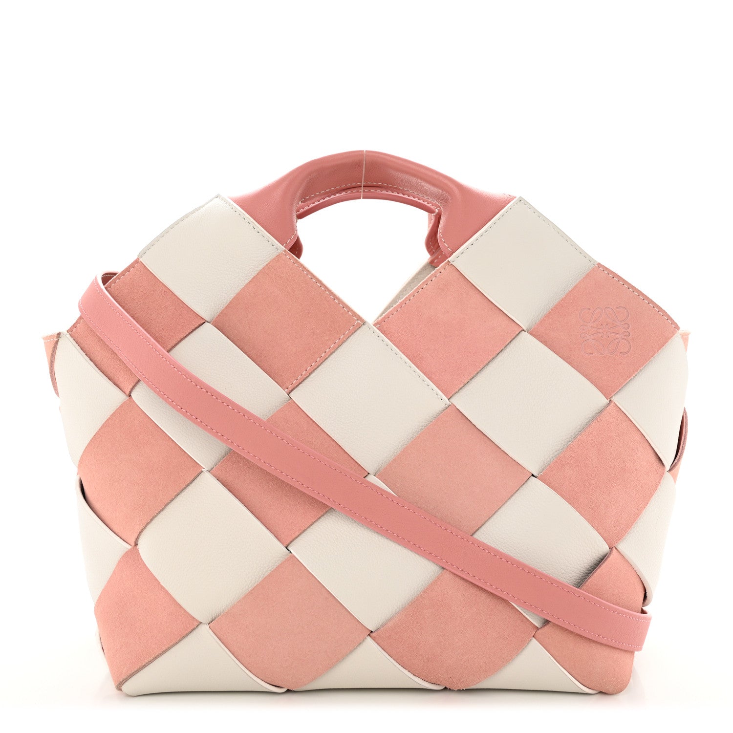Loewe Calfskin Suede Gingham Woven Basket Bag Soft Pink White 1 of 10