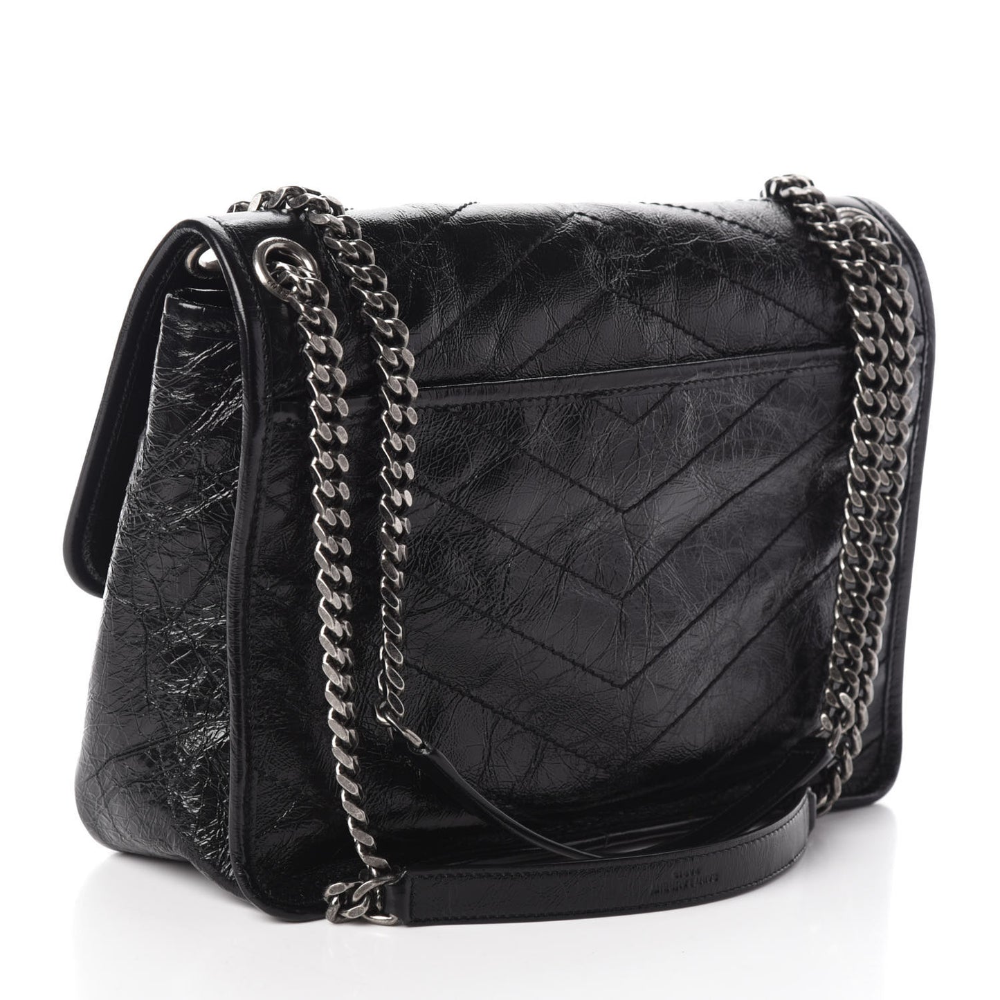 Crinkled Calfskin Matelasse Monogram Medium Niki Chain Satchel Black