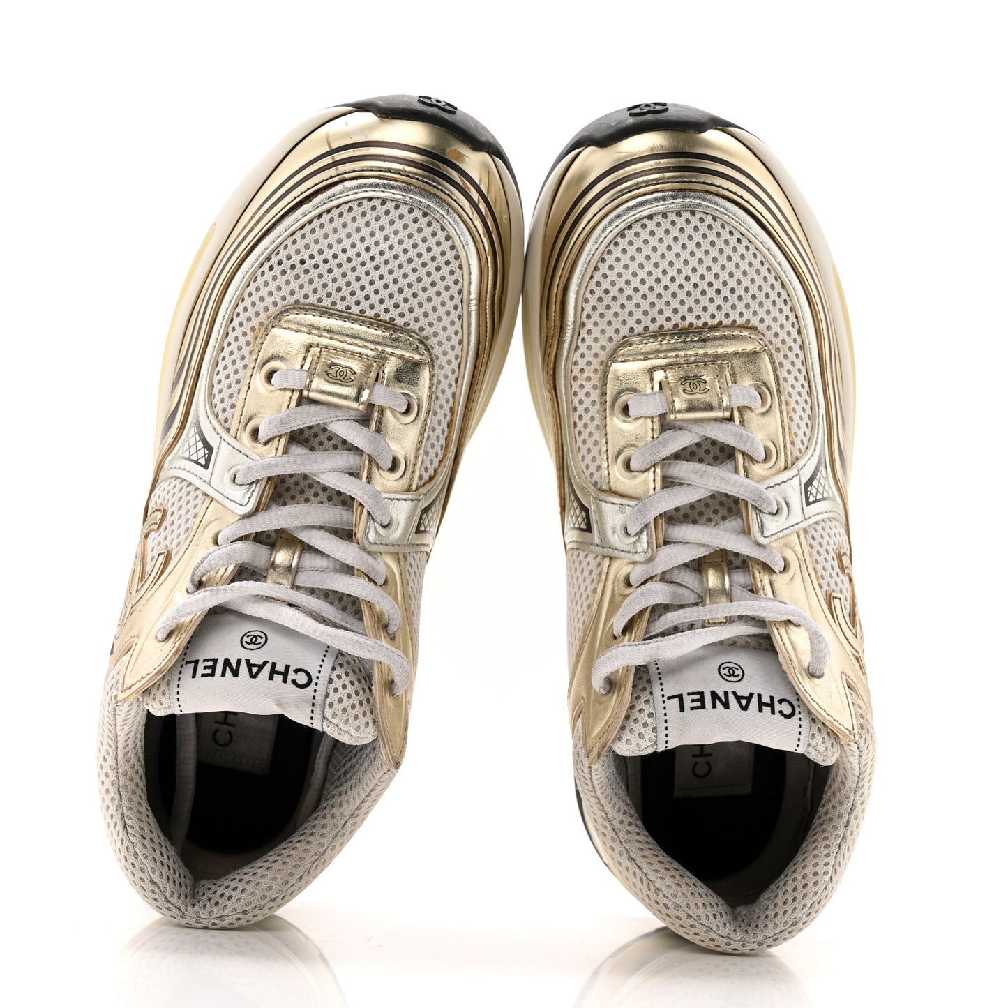 Fabric Laminated Calfskin Stretch CC Sneakers 36.5 White Gold Silver