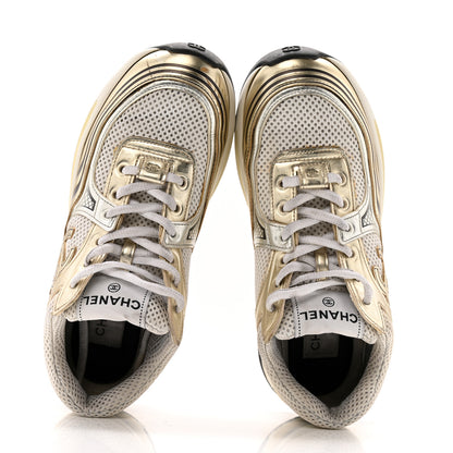 Chanel Fabric Laminated Calfskin Stretch CC Sneakers 36.5 White Gold Silver 2 of 13