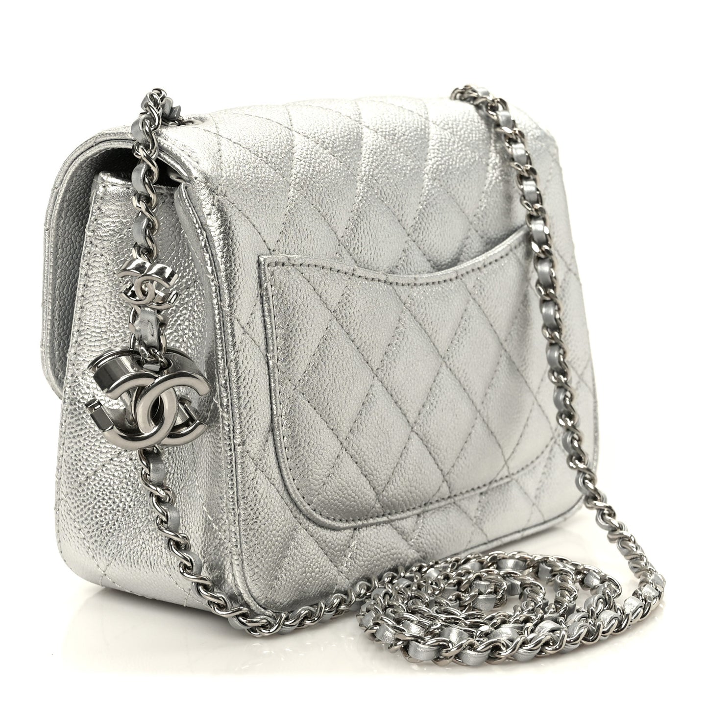 Metallic Caviar Quilted Mini Square CC Slide Flap Silver