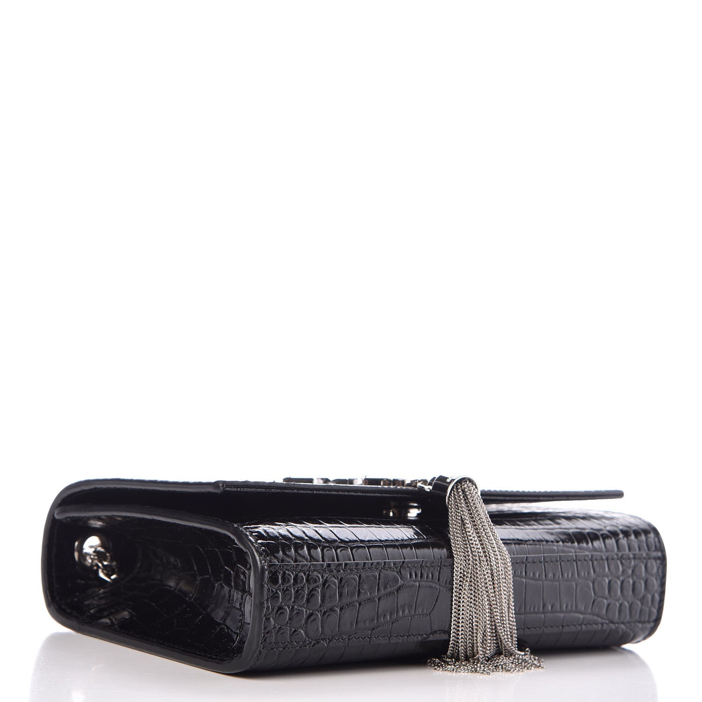 Croc Calfskin Embossed Small Classic Monogram Kate Tassel Satchel Black